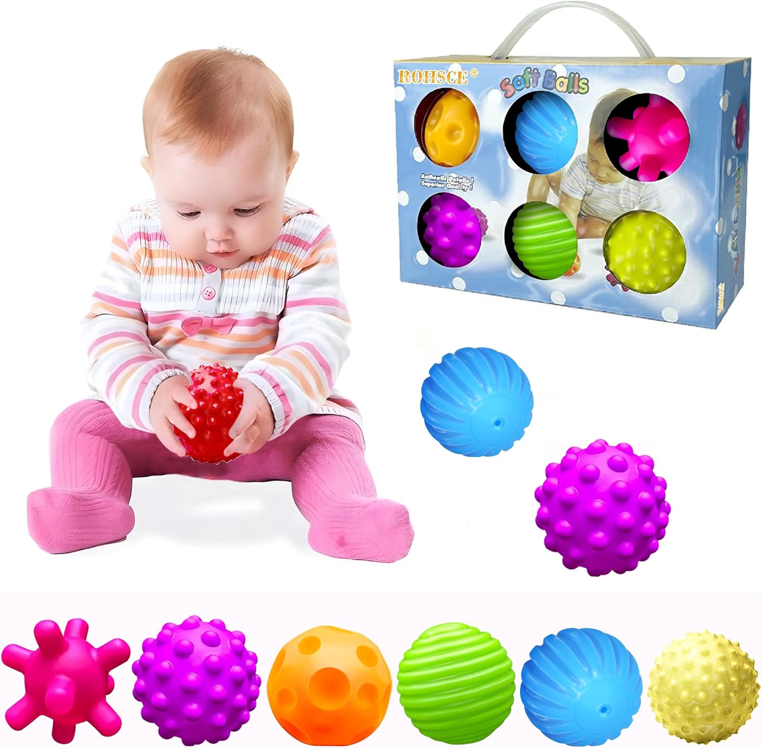 Sensory ball suitable for infants 6 to 12 months, sensory baby toys, suitable for toddlers 1-3 years old, bright color texture multi-soft ball gift set, Montessori toys suitable for 6-12 months baby toys (6 pieces)