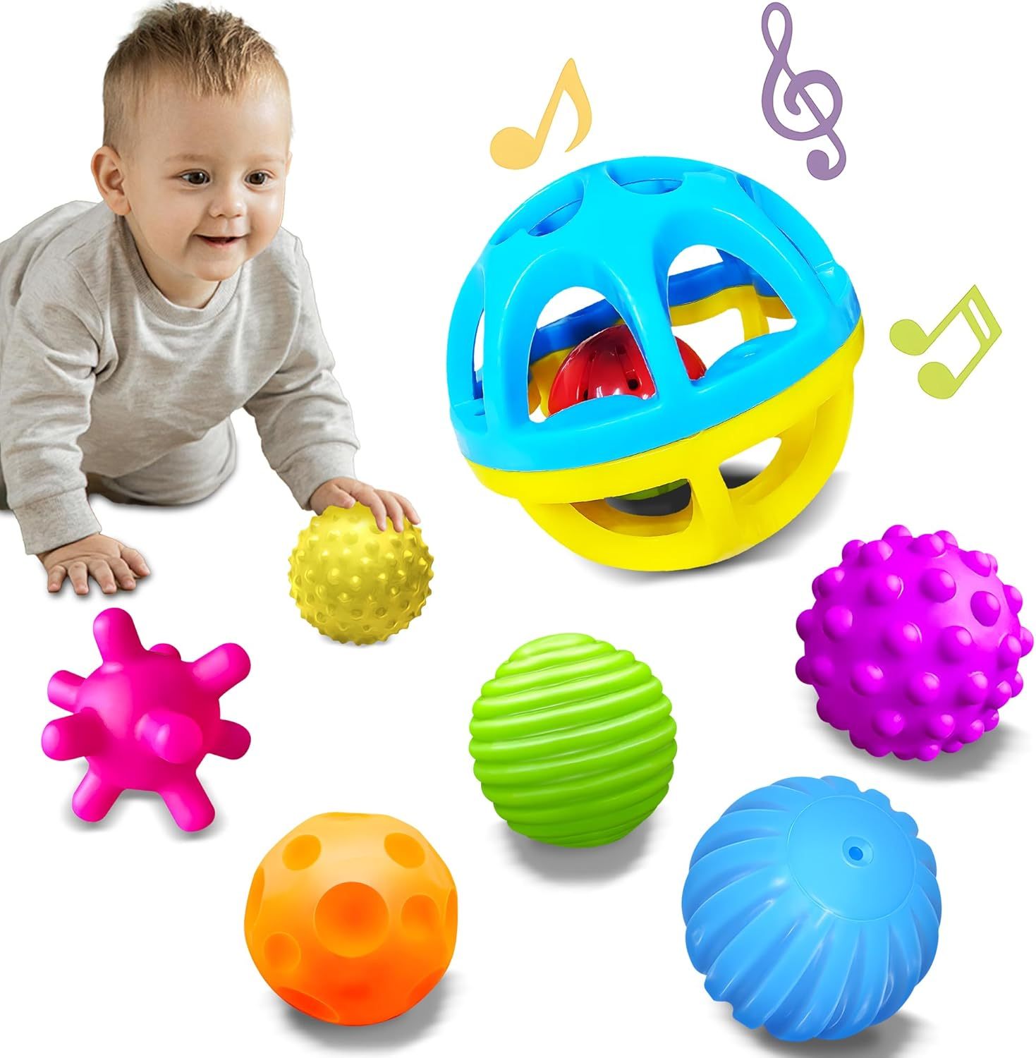 Sensory Balls for Baby - Montessori Toys, Multiple Textures Colorful Toddler Sensory Toys for Babies 1-3 Hand Catching Baby Balls, Blue Baby Rattle 3-6 Months Old Baby Toys for 6-12 Months  优化标题
