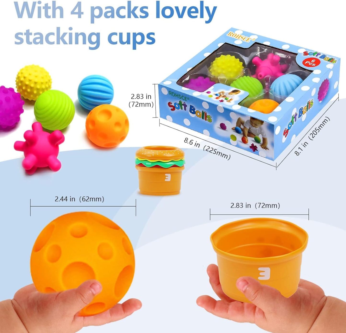 Baby Sensory Balls, 6-12 Months Baby Toy, Textured Multi Balls for Toddlers, 1-3 Colorful Soft Squeeze Bath Toys, Montessori Baby Toys with Stacking Cups, Juguetes Para Bebes de 0 a 6 Meses