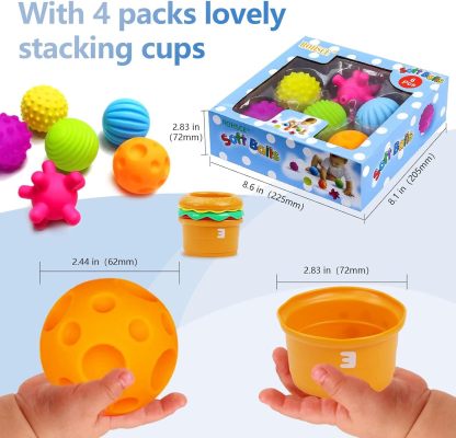 Baby Sensory Balls, 6-12 Months Baby Toy, Textured Multi Balls for Toddlers, 1-3 Colorful Soft Squeeze Bath Toys, Montessori Baby Toys with Stacking Cups, Juguetes Para Bebes de 0 a 6 Meses