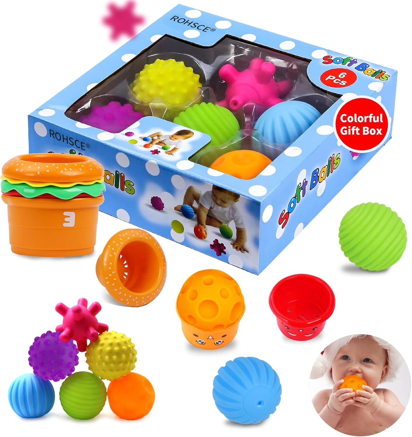 Baby Sensory Balls, 6-12 Months Baby Toy, Textured Multi Balls for Toddlers, 1-3 Colorful Soft Squeeze Bath Toys, Montessori Baby Toys with Stacking Cups, Juguetes Para Bebes de 0 a 6 Meses