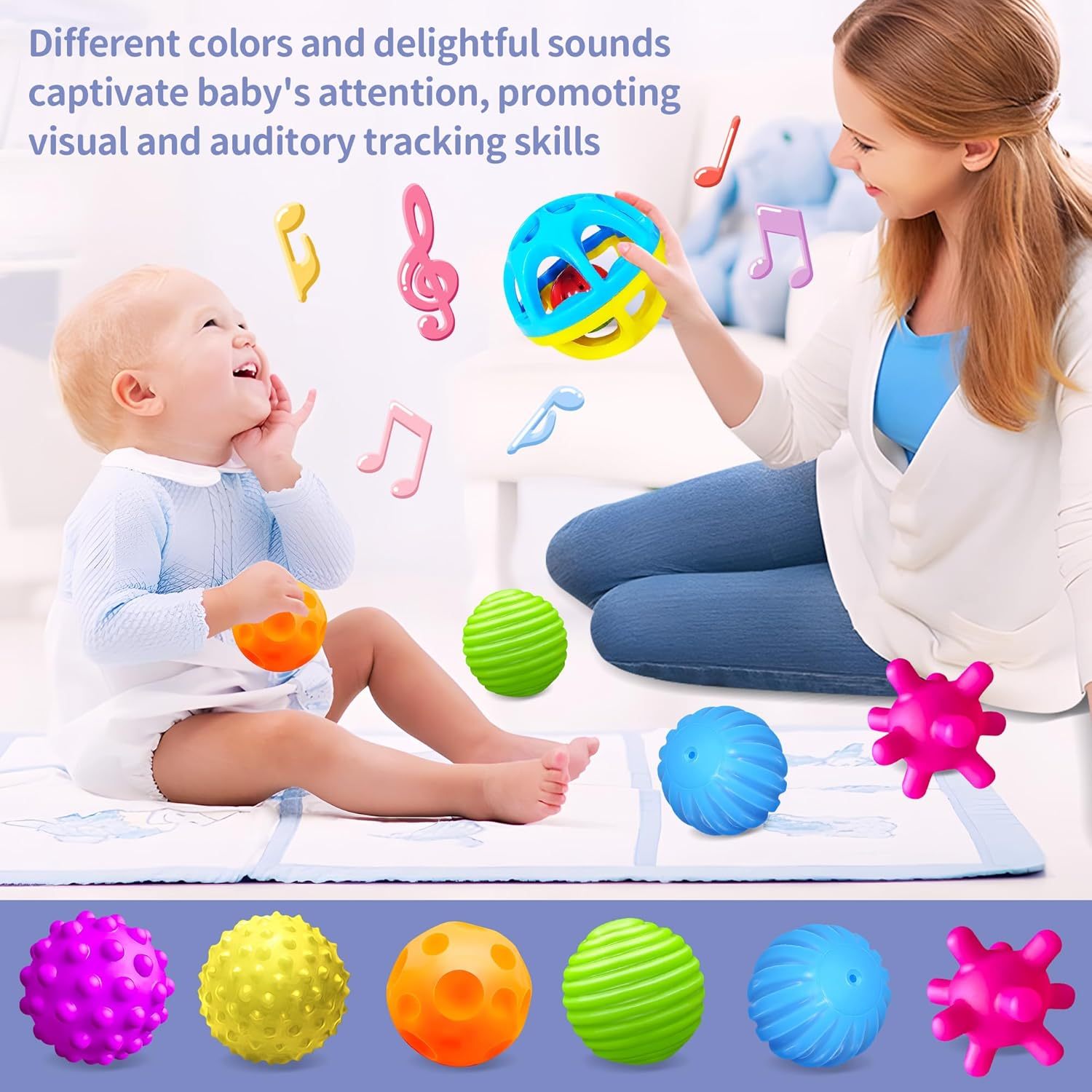Sensory Balls for Baby - Montessori Toys, Multiple Textures Colorful Toddler Sensory Toys for Babies 1-3 Hand Catching Baby Balls, Blue Baby Rattle 3-6 Months Old Baby Toys for 6-12 Months  优化标题