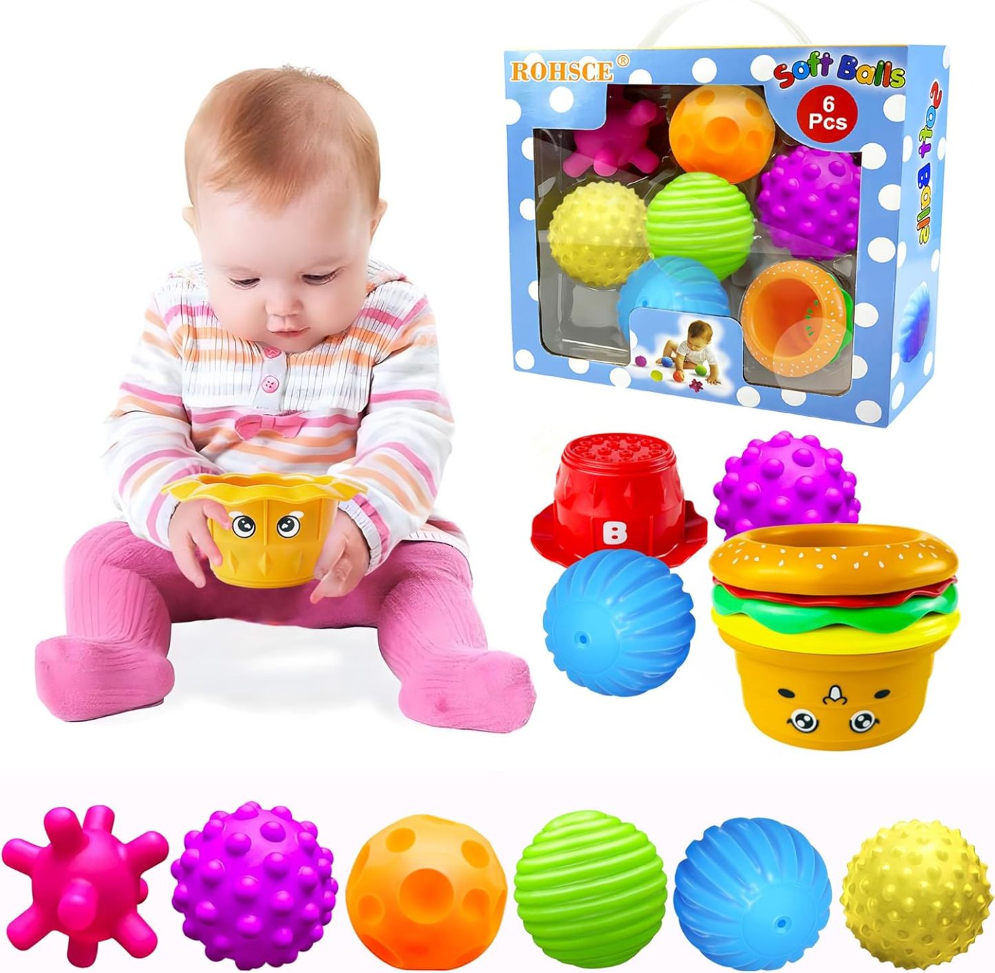 Baby Sensory Balls, 6-12 Months Baby Toy, Textured Multi Balls for Toddlers, 1-3 Colorful Soft Squeeze Bath Toys, Montessori Baby Toys with Stacking Cups, Juguetes Para Bebes de 0 a 6 Meses