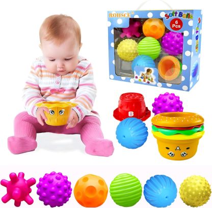 Baby Sensory Balls, 6-12 Months Baby Toy, Textured Multi Balls for Toddlers, 1-3 Colorful Soft Squeeze Bath Toys, Montessori Baby Toys with Stacking Cups, Juguetes Para Bebes de 0 a 6 Meses