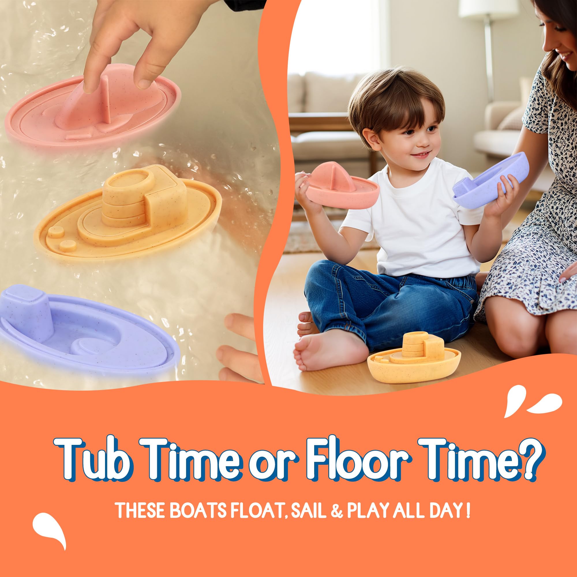 Floating Boat Bathtub Toys No Hole for Toddlers 1-3
