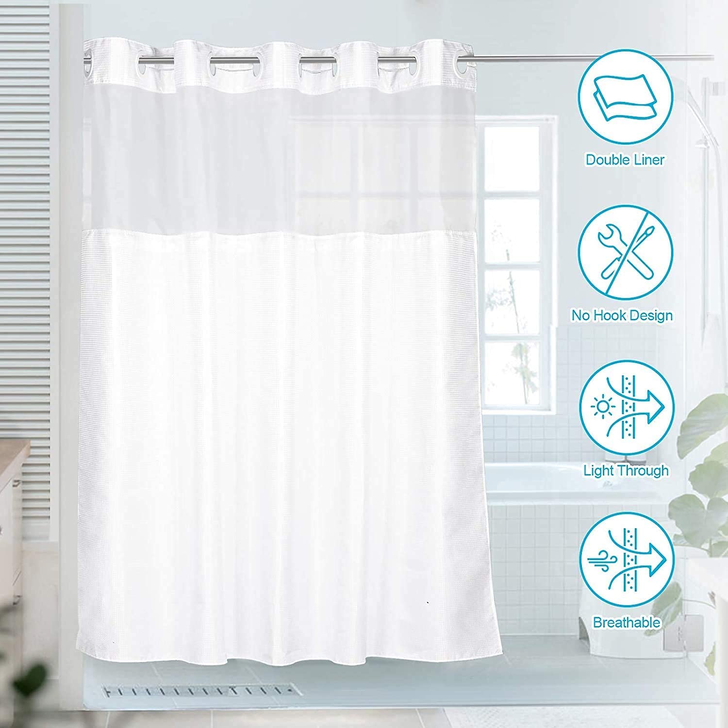 No Hooks Needed Shower Curtain Set 