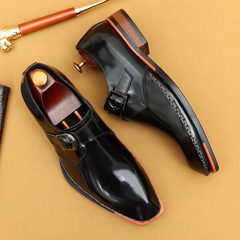 Men's Genuine Leather Glossy Buckle Monk Strap Shoes