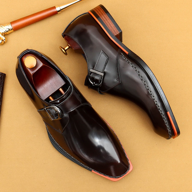 Men's Genuine Leather Glossy Buckle Monk Strap Shoes