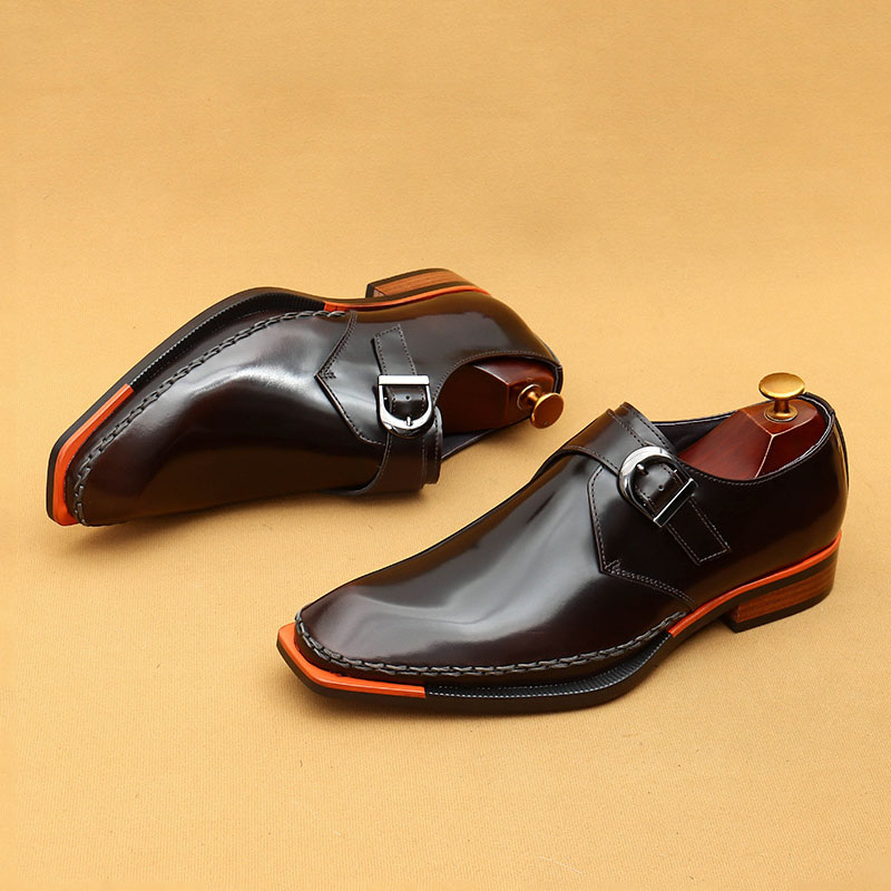 Men's Genuine Leather Glossy Buckle Monk Strap Shoes