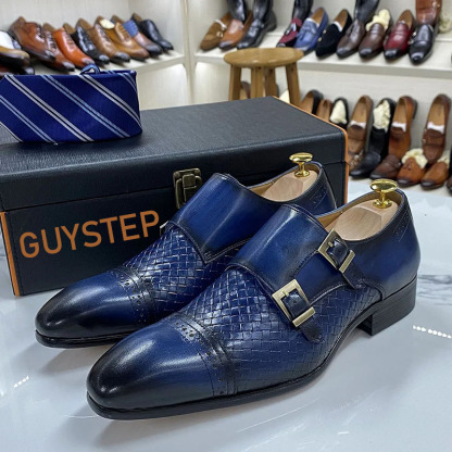 Luxury men's business casual shoes blue genuine leather double buckle monk shoes