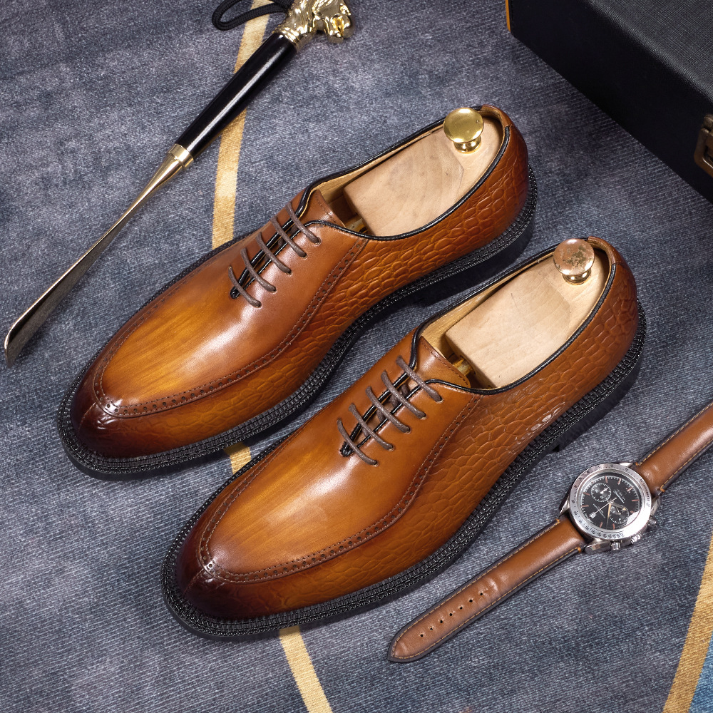 Men's handmade genuine leather pointed-toe derby shoes