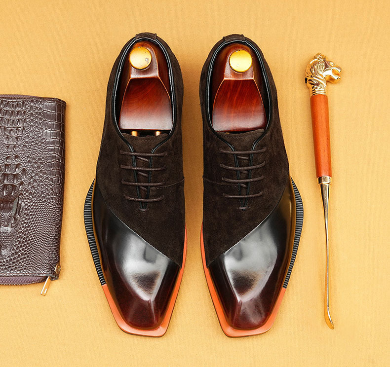  Stylish Men's Suede & Leather Two-Tone Oxfords - Square-Toe Business Formal Shoes