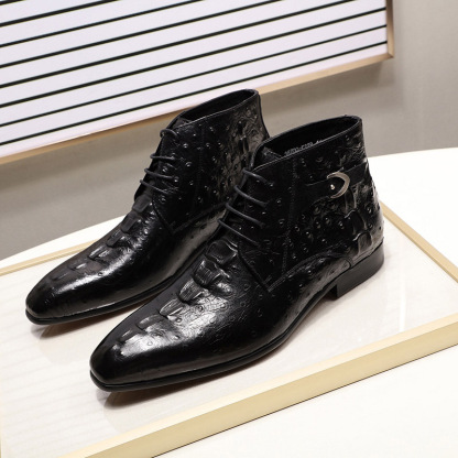 Men's Genuine Leather Ostrich Pattern Lace-Up Ankle Boots