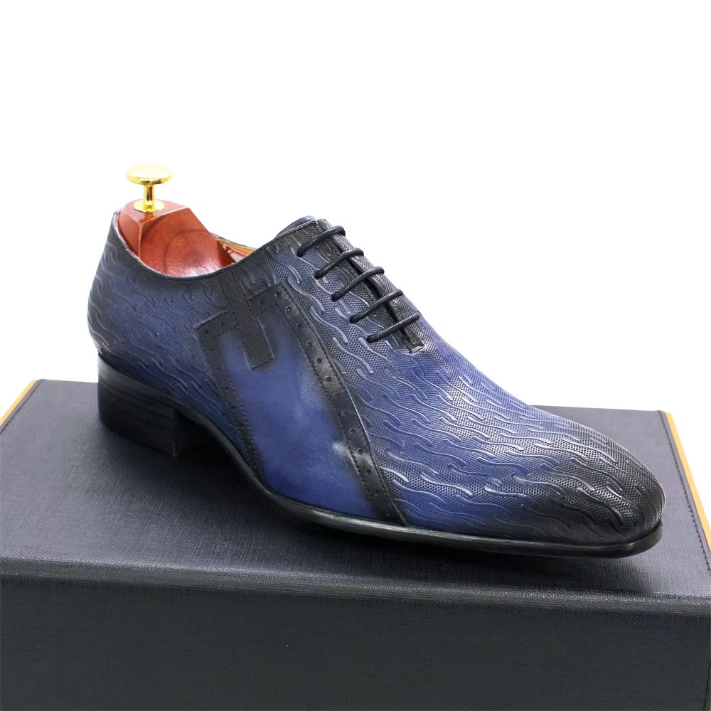 Men's Genuine Leather Blue-Black Pointed-Toe Printed Oxford Shoes