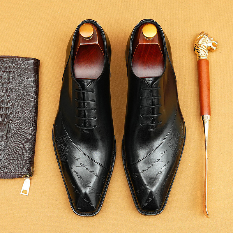 Men's Full-Grain Leather Letter Print Oxford Shoes