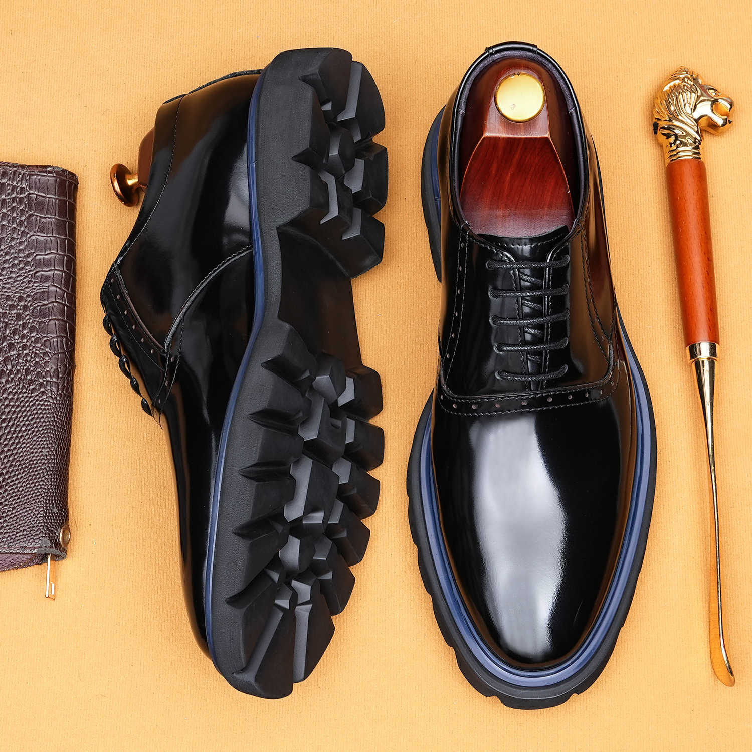 Men's Genuine Leather Glossy Thick-Sole Casual Brogue Derby Shoes