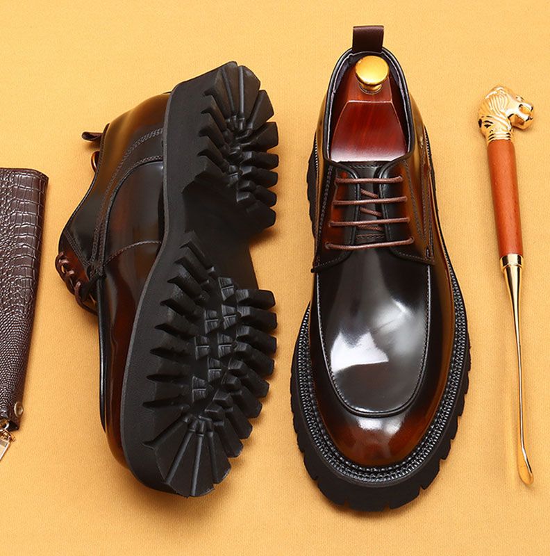 Men's Genuine Leather Round-Toe Platform Elevated Derby Shoes