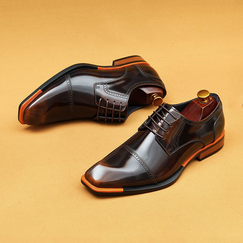 Men's Genuine Patent Leather British-Style Square-Toe Business Formal Derby Shoes