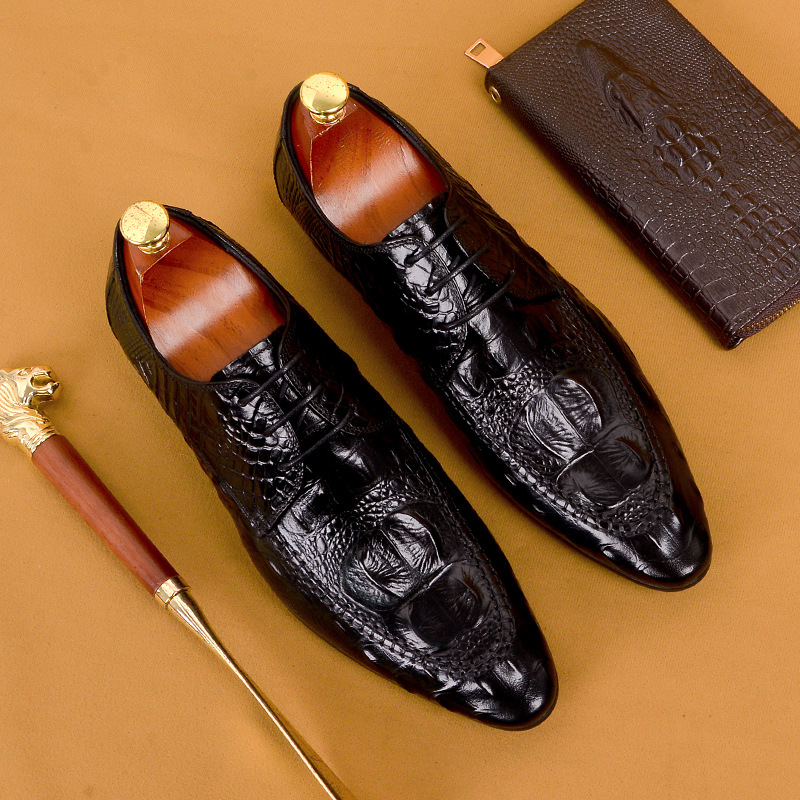 Men's leather business casual crocodile pattern trendy pointed toe formal shoes
