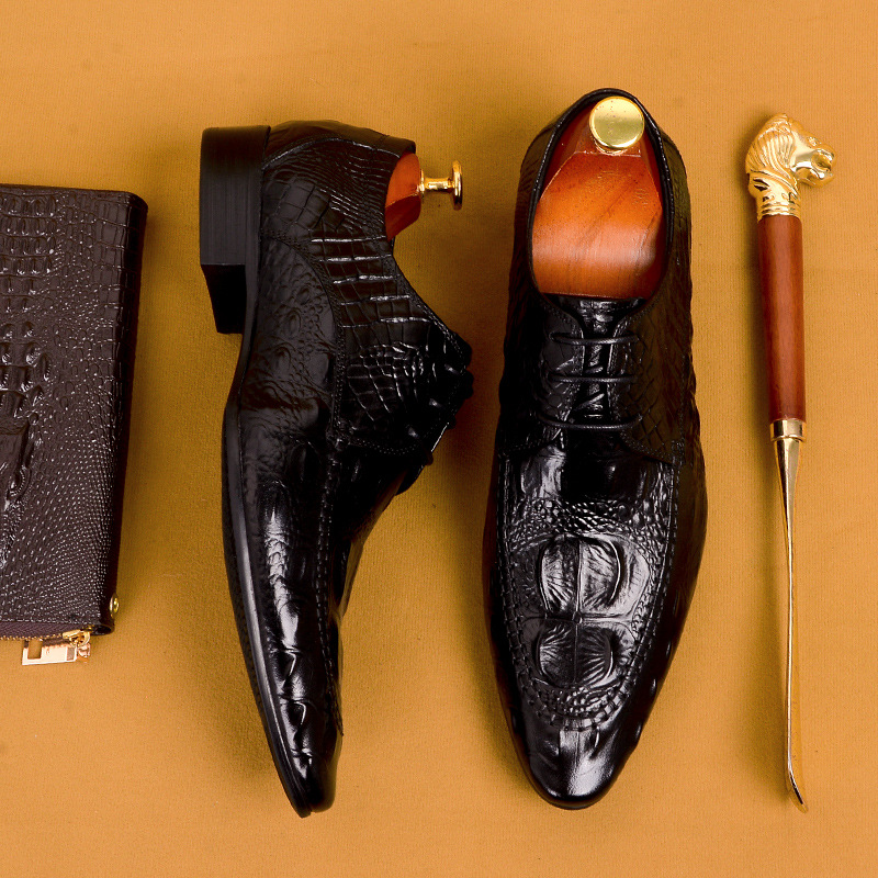 Men's leather business casual crocodile pattern trendy pointed toe formal shoes