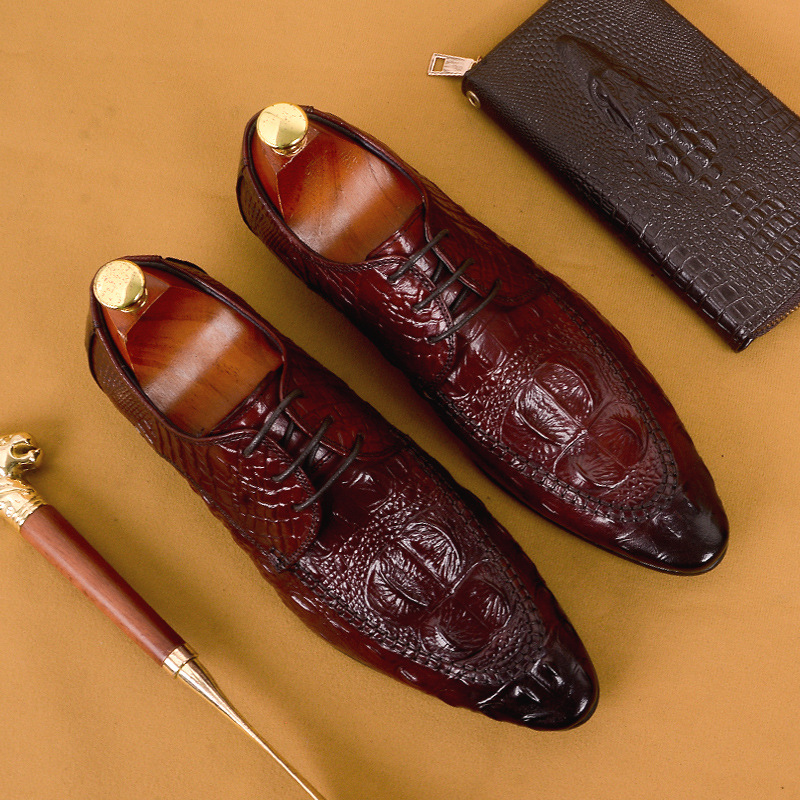 Men's leather business casual crocodile pattern trendy pointed toe formal shoes