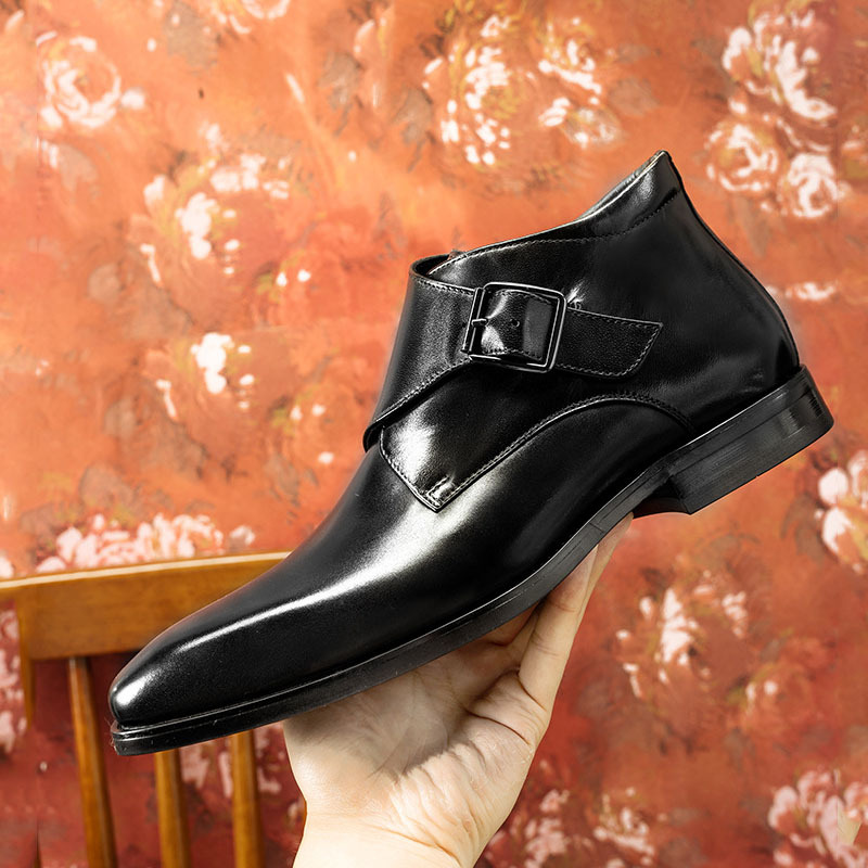 Men's Genuine Leather Square-Toe High-Top Monk Boots