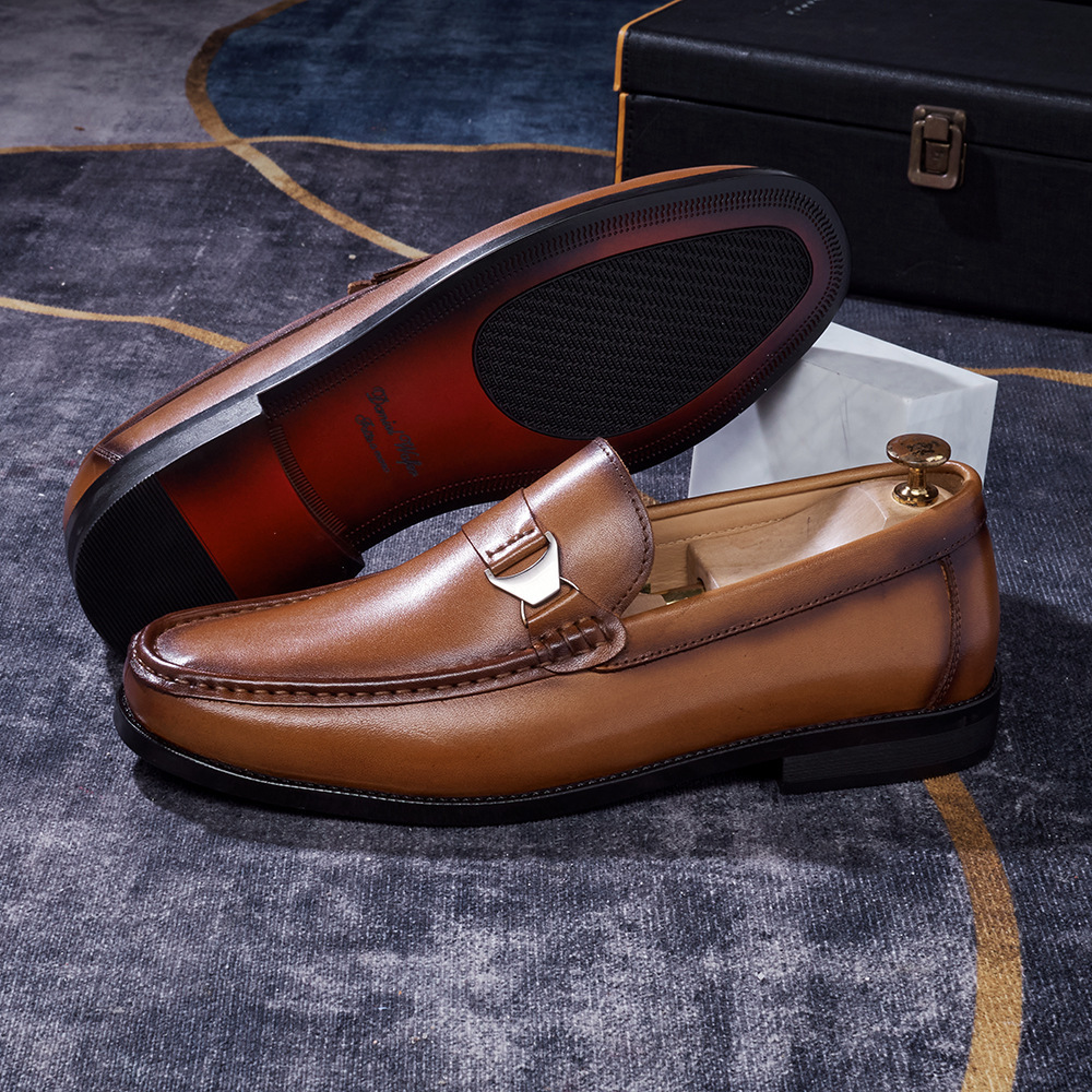 Men's Full-Grain Leather Metal Buckle Casual Loafers