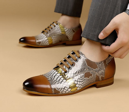 Men's Cowhide Snake Print Patchwork Oxford Shoes