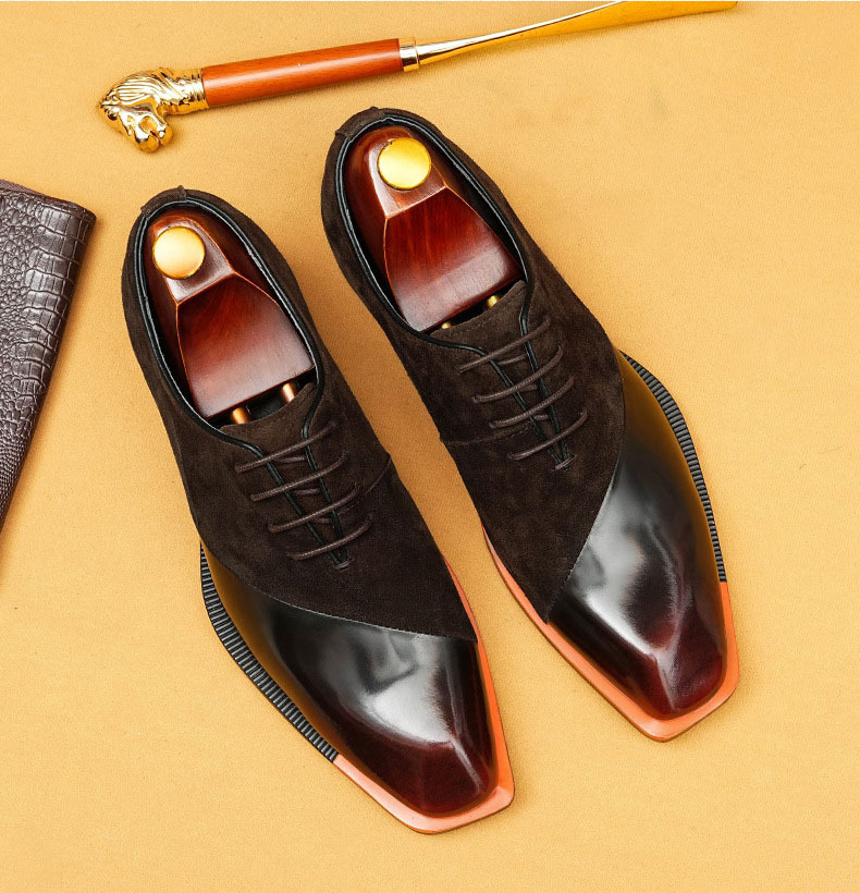  Stylish Men's Suede & Leather Two-Tone Oxfords - Square-Toe Business Formal Shoes