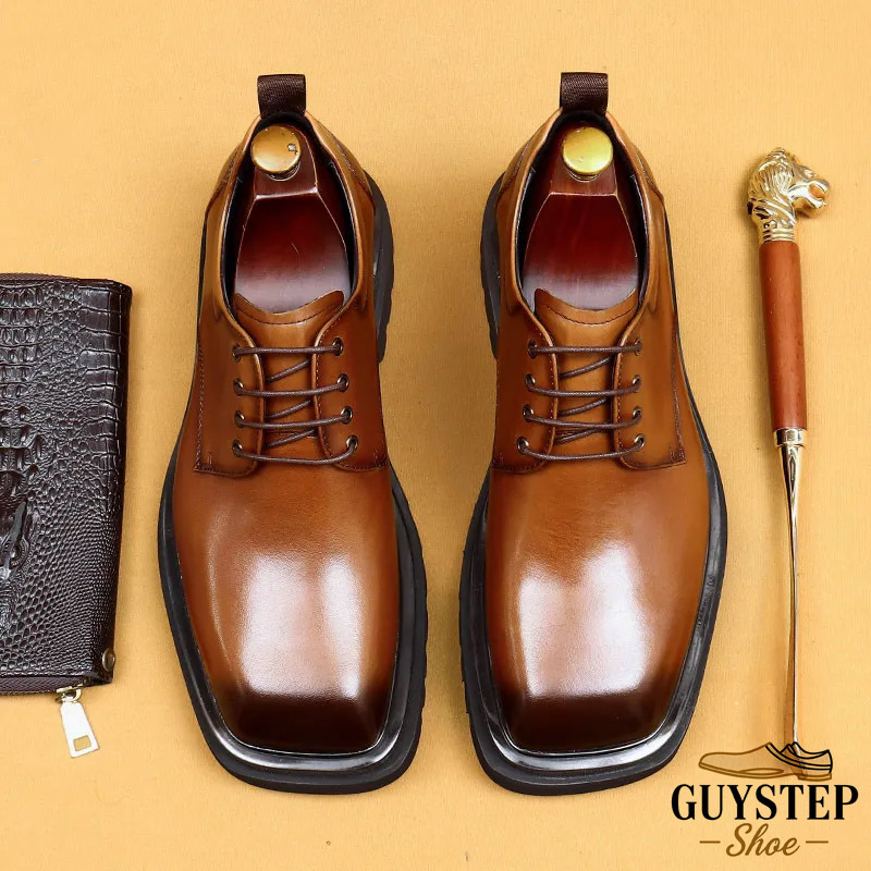 Men's Genuine Leather Square Toe Thick Sole Derby Shoes