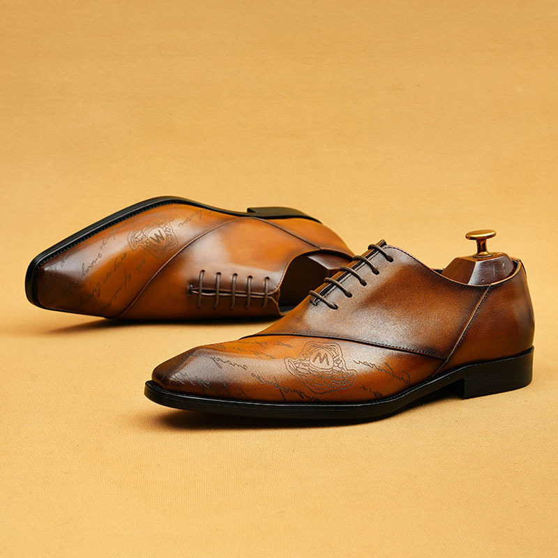 Men's Full-Grain Leather Letter Print Oxford Shoes