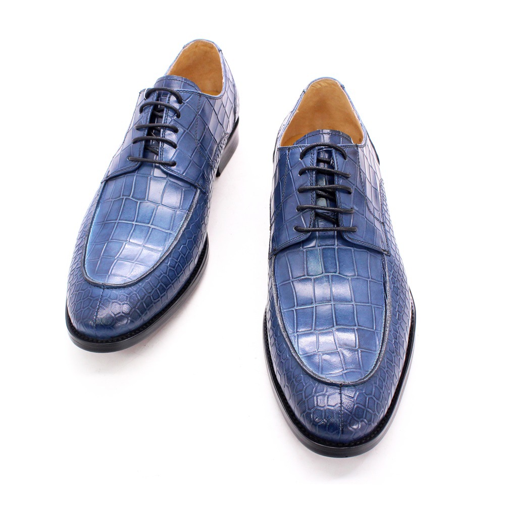 Men's Cowhide Crocodile-Embossed Derby Shoes - Yellow & Blue