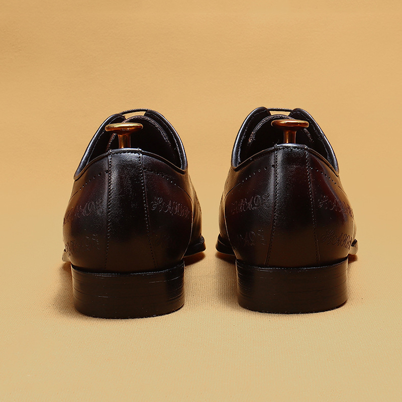 Men's Full-Grain Leather Formal Pointed-Toe Letter-Printed Oxford Shoes