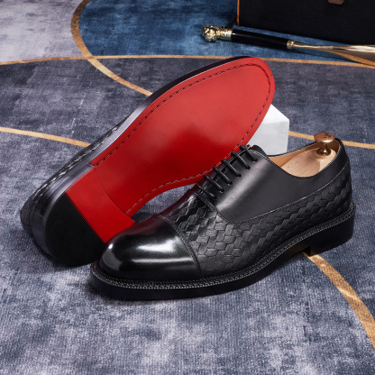 Men's Genuine Leather Woven Texture Patent Leather Cap-Toe Business Formal Oxford Shoes
