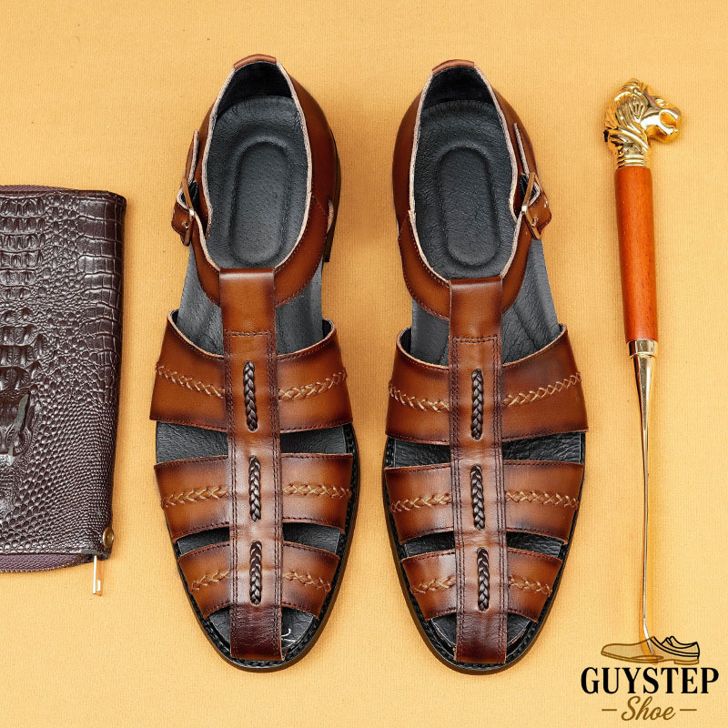 Summer-Ready GUYSTEP™ Men's Vintage Handwoven Roman Sandals: Genuine Leather | Non-Slip Rubber Outsole, Beach Outings
