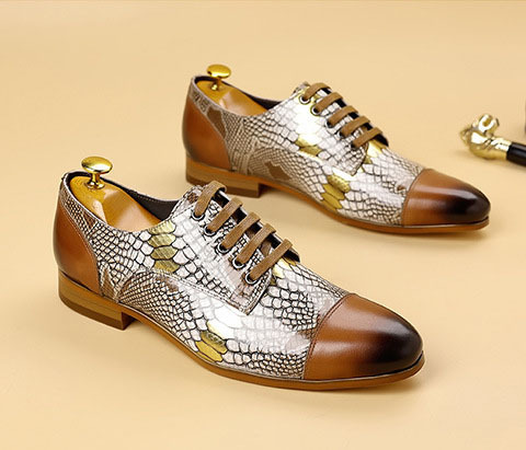 Men's Cowhide Snake Print Patchwork Oxford Shoes