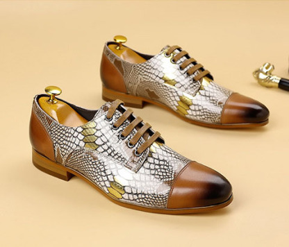Men's Cowhide Snake Print Patchwork Oxford Shoes