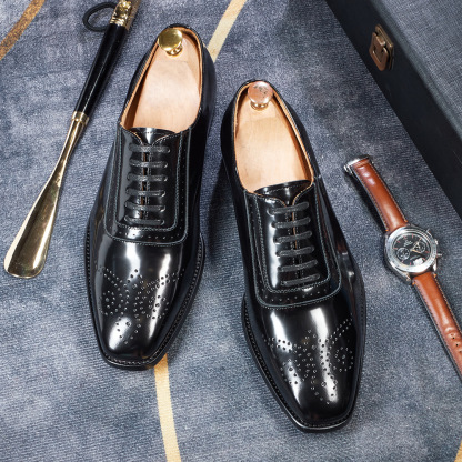 [Copy]Men's glossy embossed genuine leather lace-up Oxford shoes