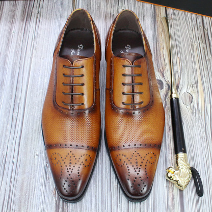 Men's Genuine Leather Brogue Oxford Shoes - Classic Perforated Dress Shoes