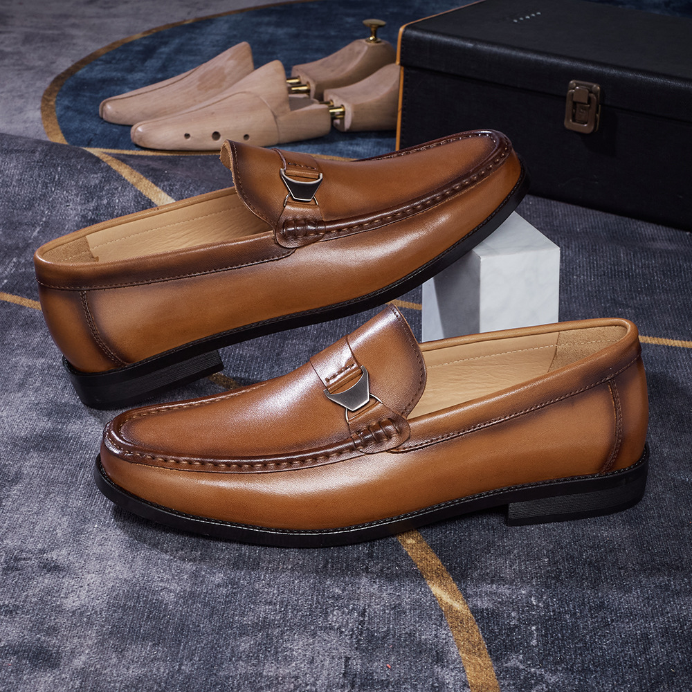 Men's Full-Grain Leather Metal Buckle Casual Loafers