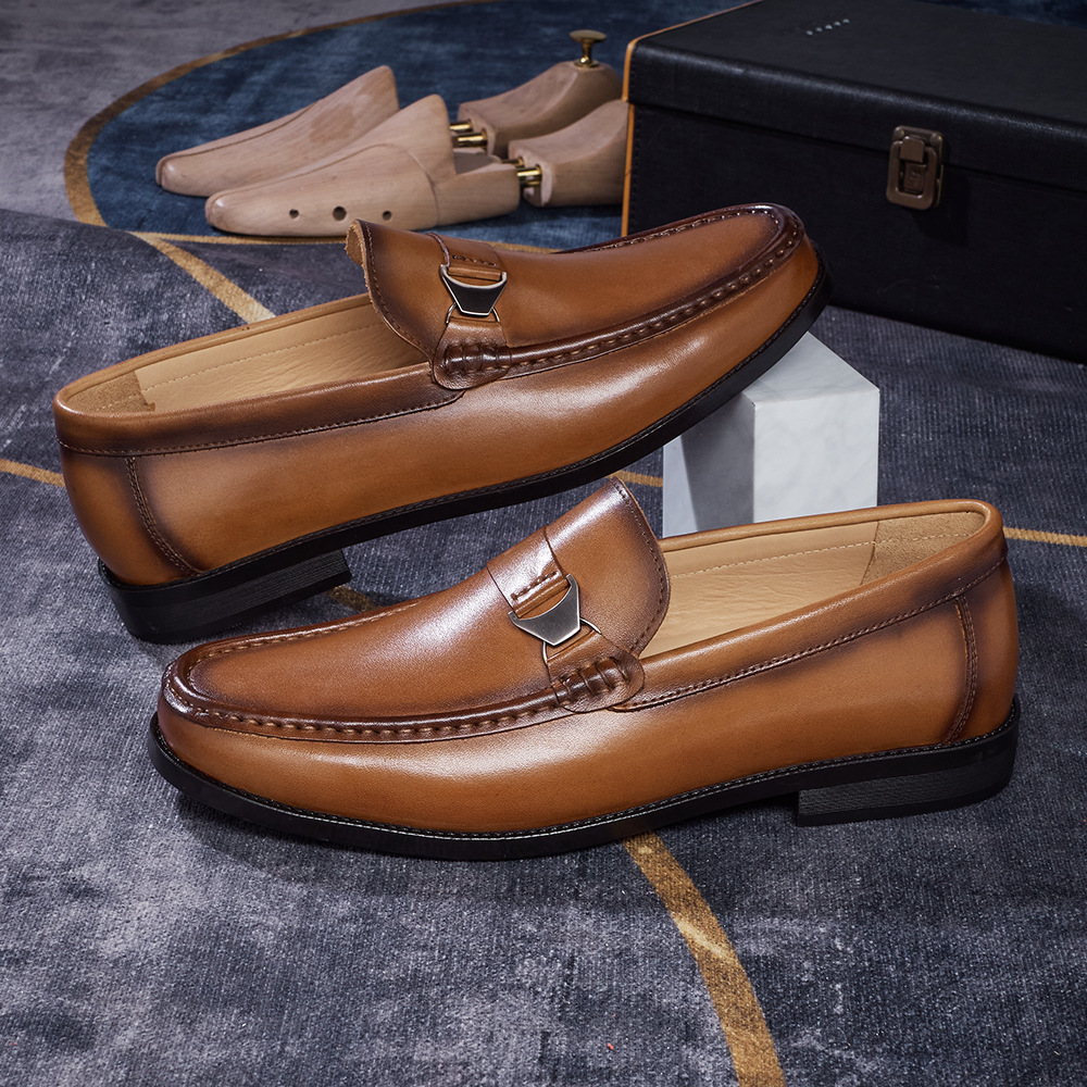 Men's Full-Grain Leather Metal Buckle Casual Loafers