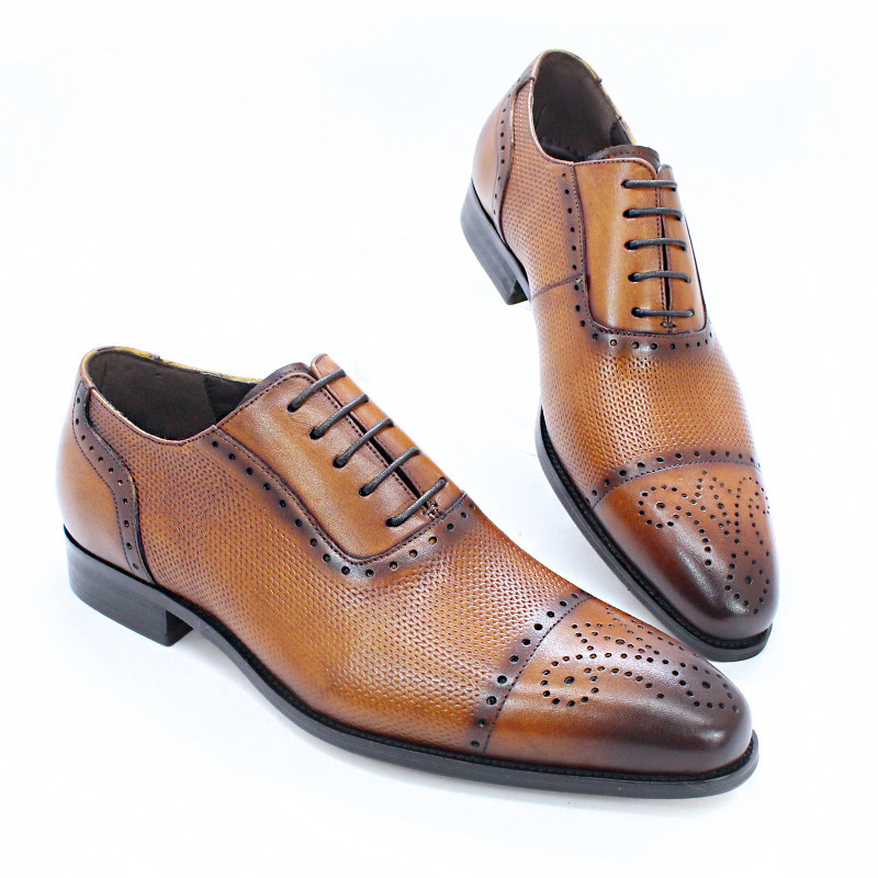 Men's Genuine Leather Brogue Oxford Shoes - Classic Perforated Dress Shoes