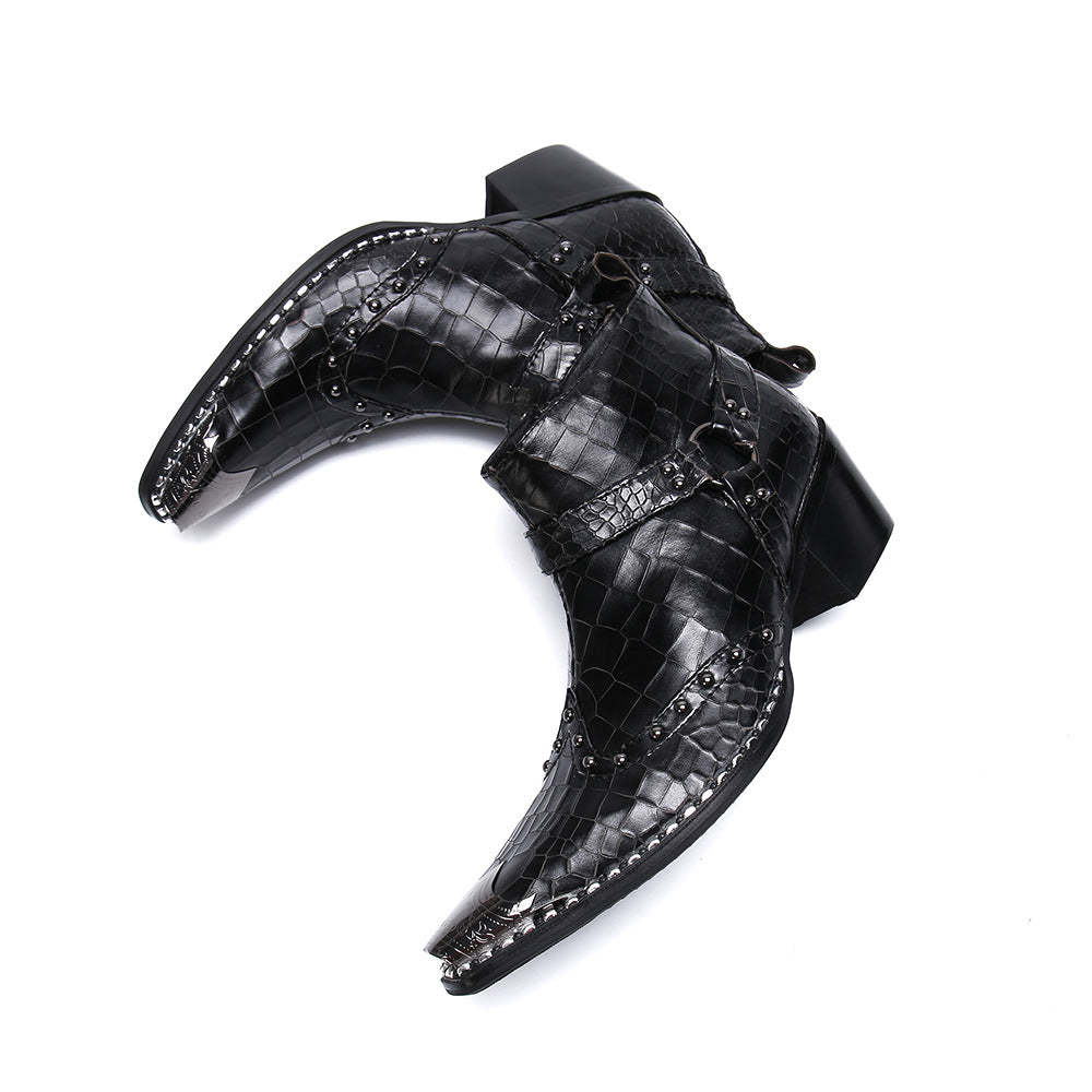 Black trendy punk mid-calf cowboy leather boots