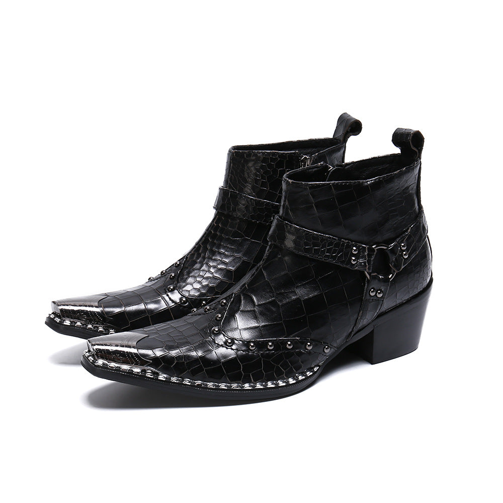 Black trendy punk mid-calf cowboy leather boots