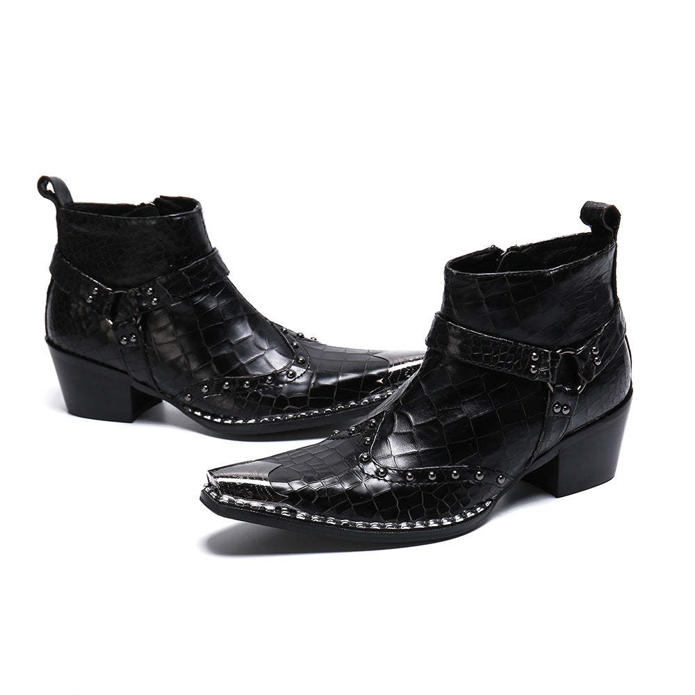 Black trendy punk mid-calf cowboy leather boots