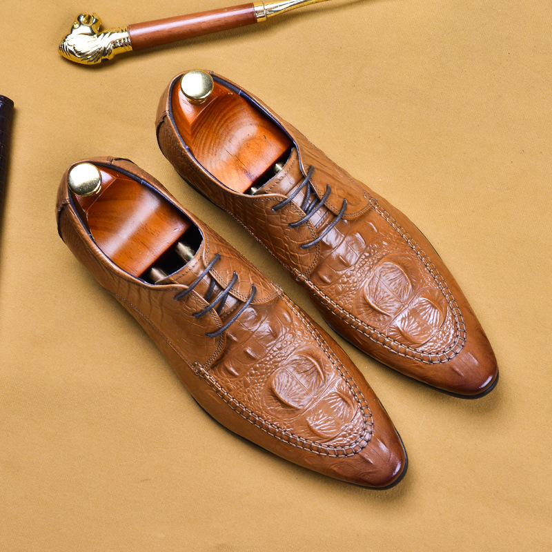 Men's leather business casual crocodile pattern trendy pointed toe formal shoes