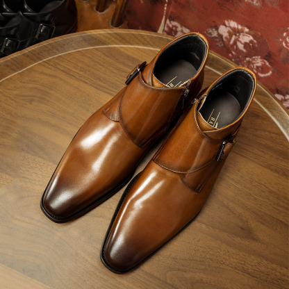 Men's Genuine Leather Square-Toe High-Top Monk Boots