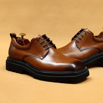 Men's Genuine Leather Square Toe Thick Sole Derby Shoes
