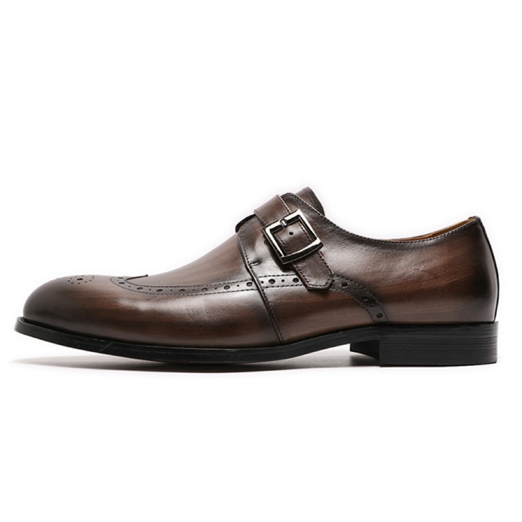 Men's Genuine Leather Brogue-Detailed Monk Shoes