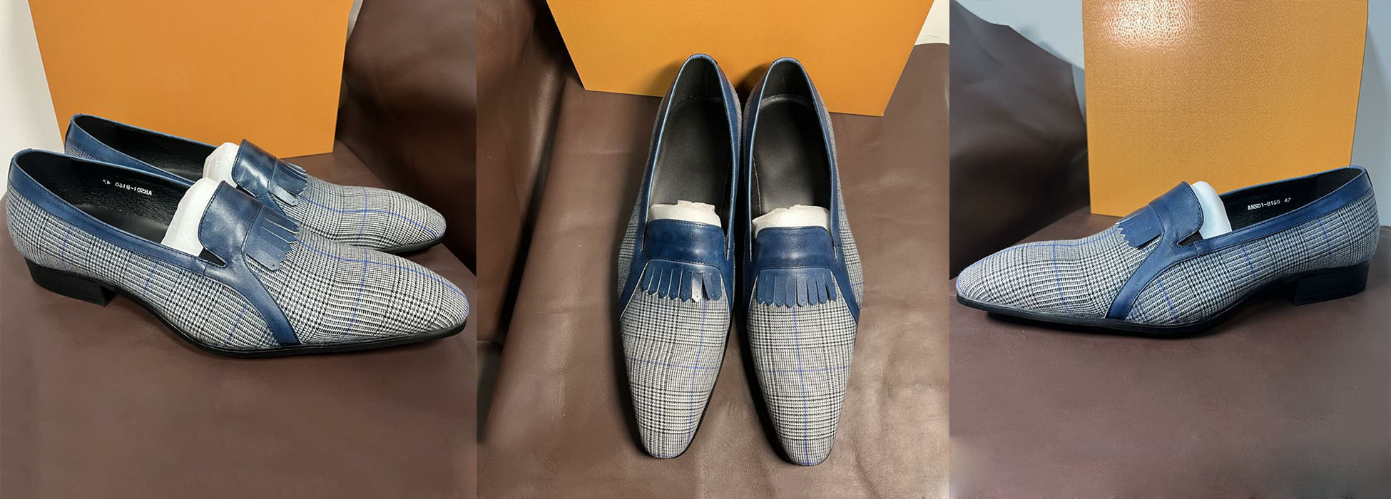 Men's blue, black and grey plaid loafers with leather tassel details: a modern collision of classic and modern